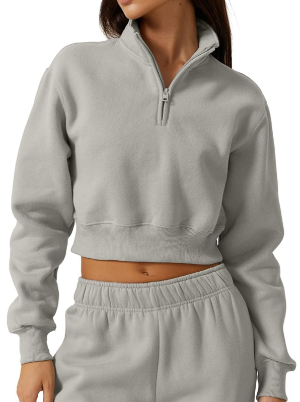 Photo 1 of *TOP ONLY** QINSEN Womens Mock Neck Zipper Pullover Top Long Sleeve Fitted Sweatshirt Light Grey M