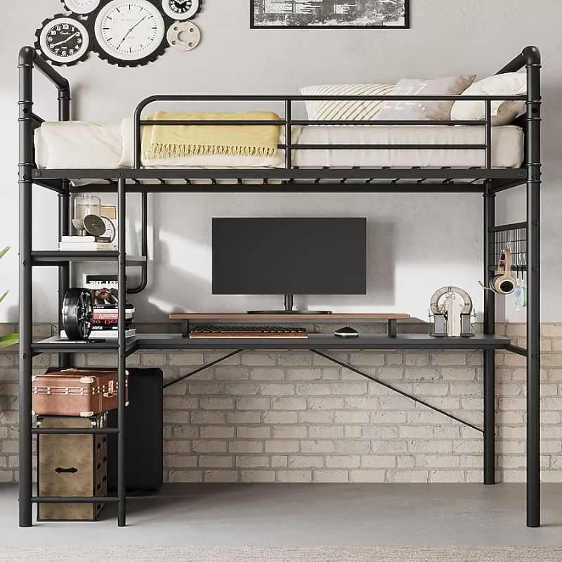Photo 1 of Garvee Twin Over Twin Loft Bed with L Shaped Desk Metal Bunk Bed for Kids High Guardrail and Ladder Space Saving Design Vintage Black