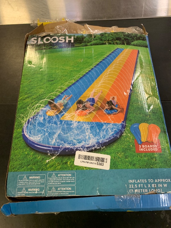 Photo 1 of Sloosh Triple Water Slide with 3 BodyBoards, 22.5FT Lawn Water Slip Splash Pad Slide Summer Toy with Build in Advanced Sprinkler for Kids Adults Backyard Summer Water Fun