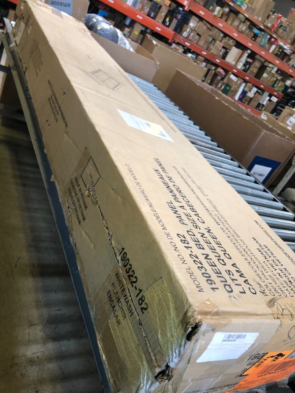 Photo 1 of Max & Lily Modern Farmhouse Queen Bed with Panel Headboard, Solid New Zealand Pine Wood Platform Bed, White Wash Finish