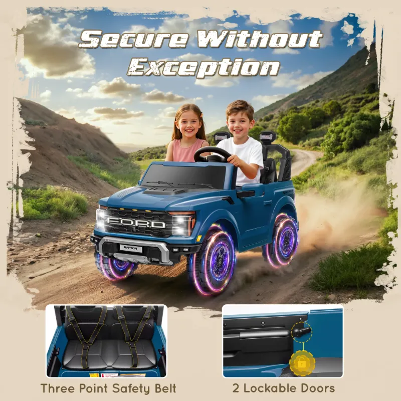Photo 1 of 24V Ride on Cars 2 Seater for Kids, Ford F150 Raptor Battery Powered Ride on Toys Truck with Remote Control, 4 Wheels Spring Suspension, Electric Car for Kids Toddler 3-8 w/Bluetooth & Lights, Blue