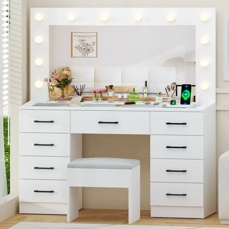 Photo 1 of Ktaxon Large Makeup Vanity, Get Ready with Me GRWM Vanity Table Set w/ Visible Glass Top w/ Charging Station, White