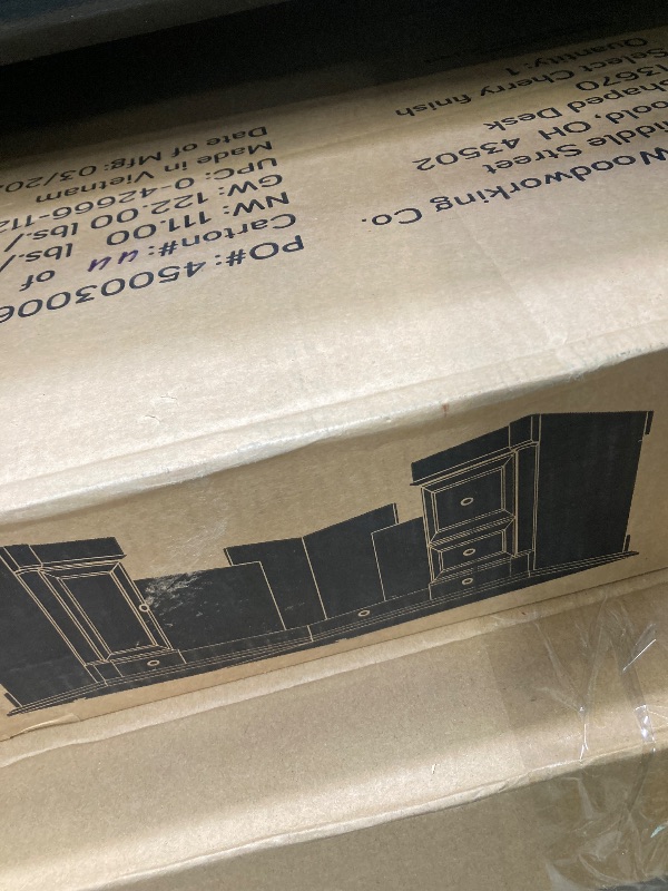 Photo 1 of ***BOX 2 OF 2 -MISSING BOX 1 OF 2 -SELLING AS PARTS ONLY*** Sauder Palladia L Shaped Desk with Drawers, Office Desk with File Cabinet Storage, Cable Management, Keyboard Tray, in Select Cherry finish