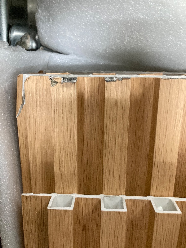 Photo 1 of **CHIPS AND CRACKS ON ONE END-SEE PICS***Art3d 8-Pack 96 x 6in. WPC Acoustic Slat Wall Panel for Modern Interior Decor, TV Background, Living Room, Oak