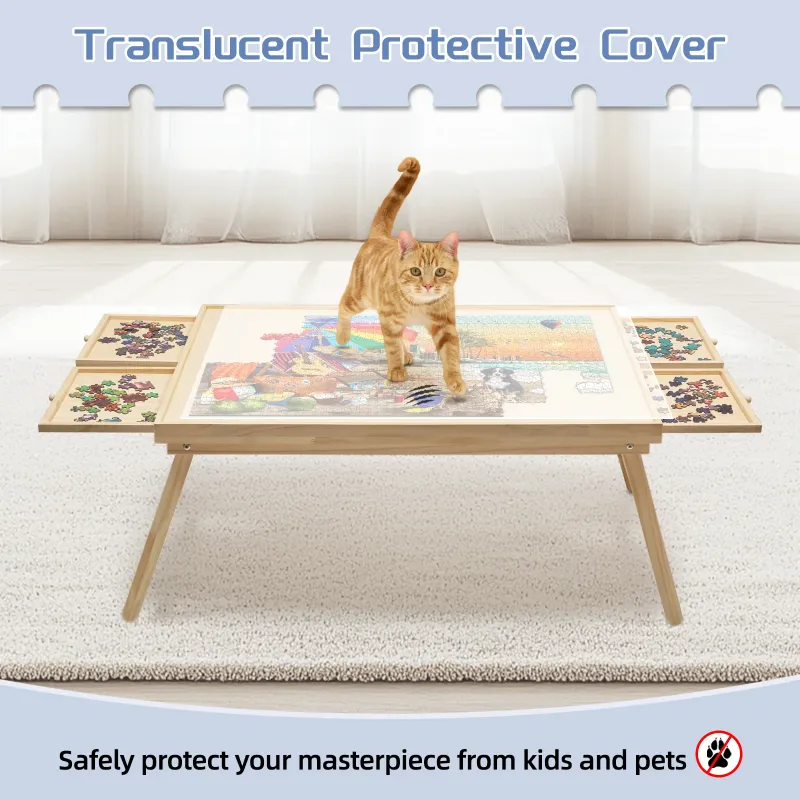 Photo 1 of 1500 Piece Puzzle Table with Folding Legs and 4 Sliding Drawers,34" x 26" Wooden Jigsaw Puzzle Board with Protective Coverfor Adults