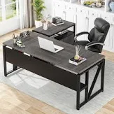 Photo 1 of Tribesigns 63" L Shaped Executive Desk with Lateral File Cabinet, Doors with Locks, Desk with Shelf (Gray and Black)