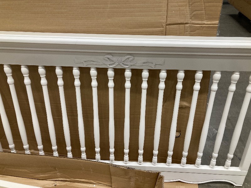 Photo 1 of **MISSING HARDWARE/DAMAGE LEG-SEE PIC***évolur Aurora 5-in-1 Convertible Full-Size Baby Crib in Ivory Lace, GreenGuard Gold & JPMA, 3 Mattress HeightsRibbon Bow Scrollwork & Queen Anne Feet, Converts to Toddler, Day & Full-Size Bed