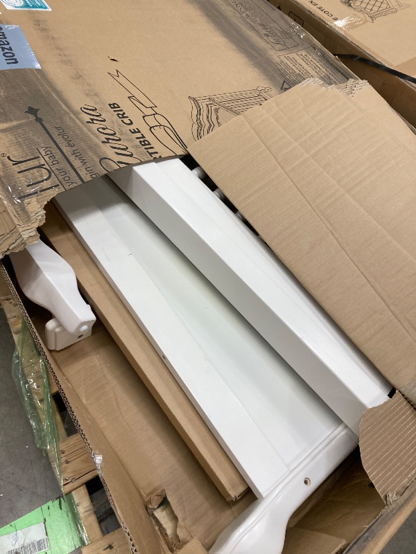 Photo 1 of **MISSING HARDWARE/DAMAGE LEG-SEE PIC***évolur Aurora 5-in-1 Convertible Full-Size Baby Crib in Ivory Lace, GreenGuard Gold & JPMA, 3 Mattress HeightsRibbon Bow Scrollwork & Queen Anne Feet, Converts to Toddler, Day & Full-Size Bed