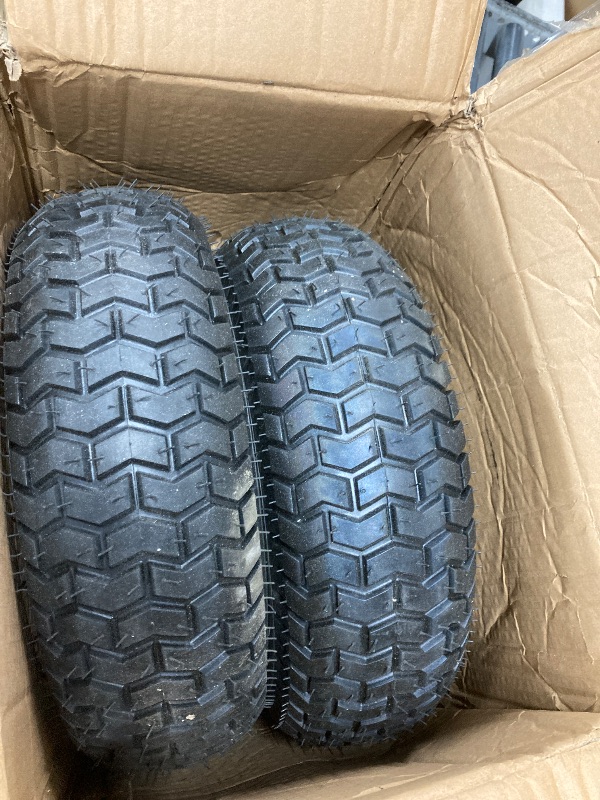 Photo 1 of (2-Pack) 16x6.50-8 Pneumatic Tires on Rim - Universal Fit Lawn Mower and Yard Tractor Wheels - With Chevron Turf Treads - 3" Centered Hub and 3/4" Bushings - 396 lbs Max Weight Capacity