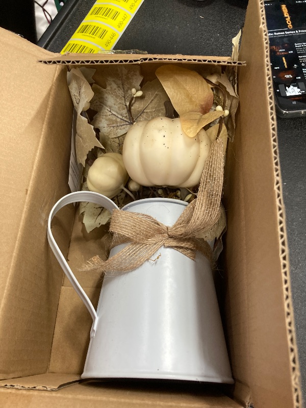 Photo 1 of [Light & Timer] Fall Decor Table Centerpiece Potted White Maple Arrangement in Metal Pitcher Neutral Rustic Artificial White Pumpkin Berries Fall Decoration for Home Mantel Autumn Thanksgiving Wedding