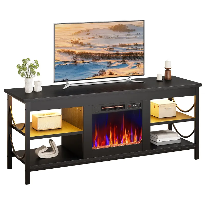 Photo 1 of *Small scratches* Pinmoco Electric Fireplace TV Stand for TVs up to 65", Gaming LED Entertainment Center with Open Storage Shelves for Living Room, Bedroom, Black
