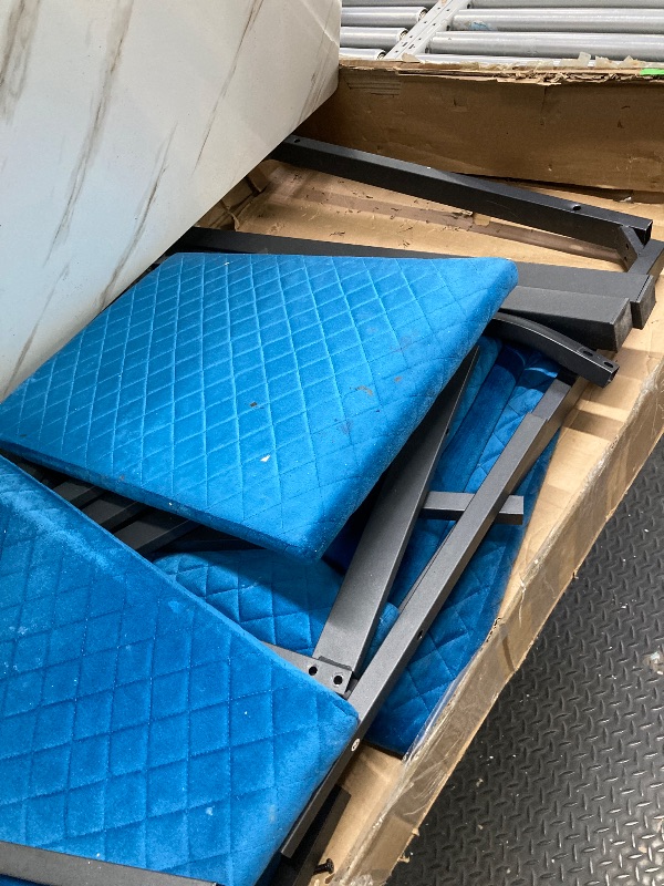 Photo 1 of *Dirty/Stained/Tape glue* LTTROMAT 7-Piece Dining Set, Faux Marble Table with Velvet Chairs, Blue
