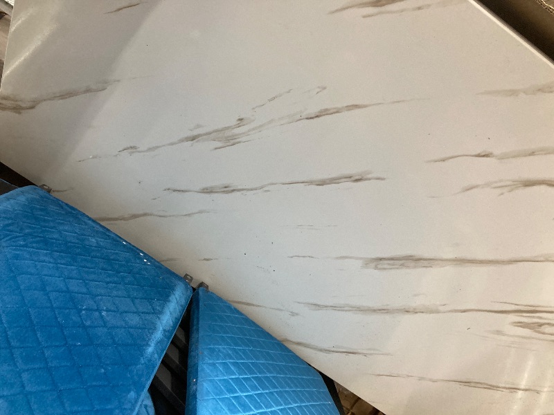 Photo 1 of *Dirty/Stained/Tape glue* LTTROMAT 7-Piece Dining Set, Faux Marble Table with Velvet Chairs, Blue
