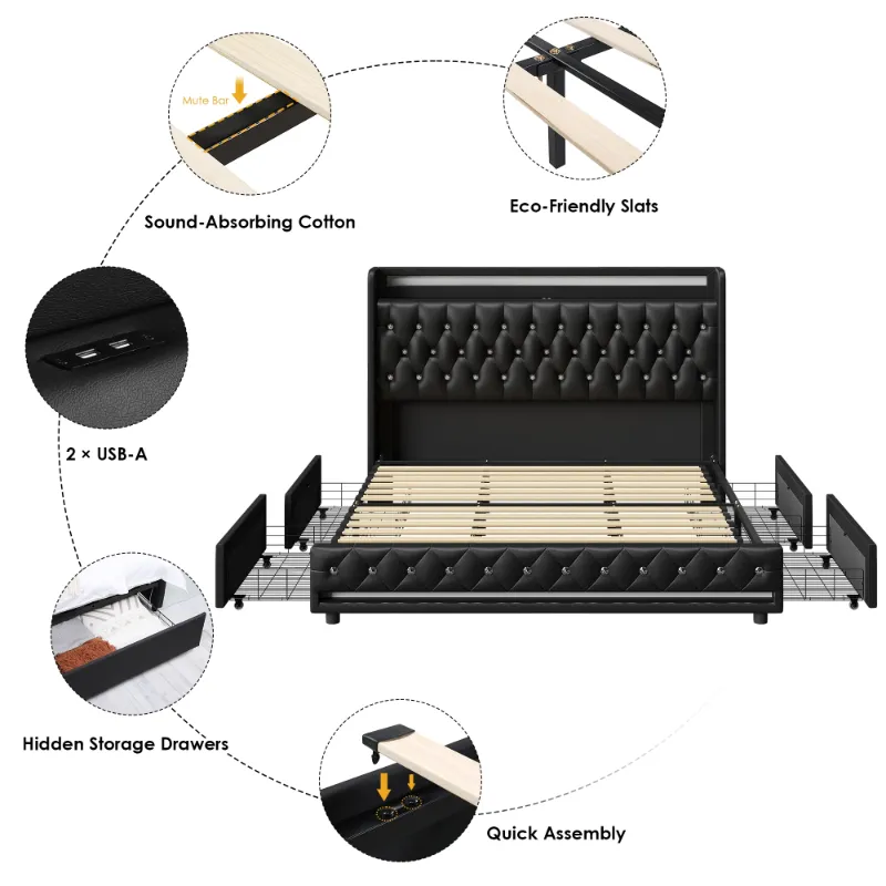 Photo 1 of *HEAVY* Homfa King Size LED Bed Frame with Outlets and USB Ports & Display Platform, 4 Storage Drawers Modern Wingback PU Leather Crystal Button Upholstered Platform Bed Frame, Black
