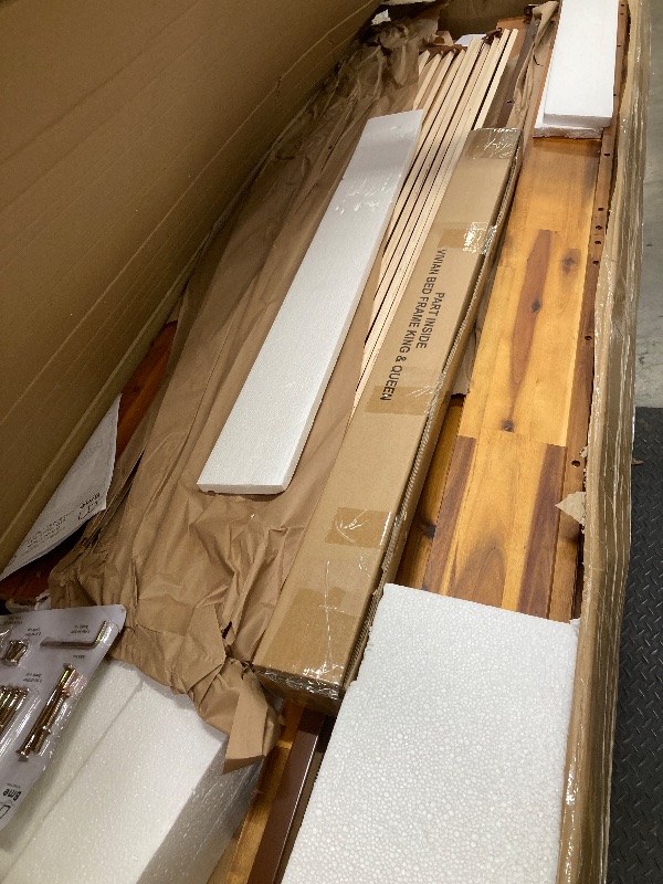 Photo 1 of *HEAVY* Bme Vivian 14 Inch Deluxe Bed Frame with Headboard, Rustic & Scandinavian Style with Solid Acacia Wood, No Box Spring Needed, 12 Strong Wood Slat Support, Easy Assembly, Queen, Rustic Golden Brown