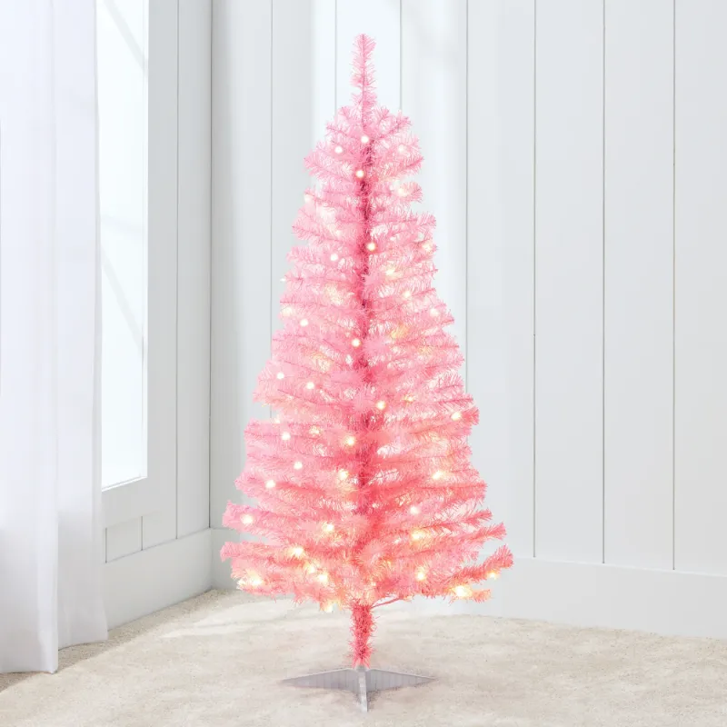 Photo 1 of *Missing feet attachments* Best Choice Products 4ft Prelit Colored Christmas Tree, Artificial Tree Holiday Decor w/ LED Lights - Pink Tinsel
