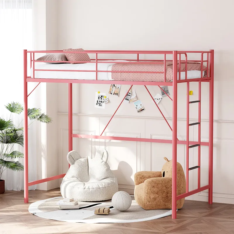 Photo 1 of *Unsure if pieces are missing* *Dirty/scratched/red paint residue* Zimtown Upgrated Twin Loft Bed with Ladder Metal Bunk Bed with Flat Step Ladder, Pink
