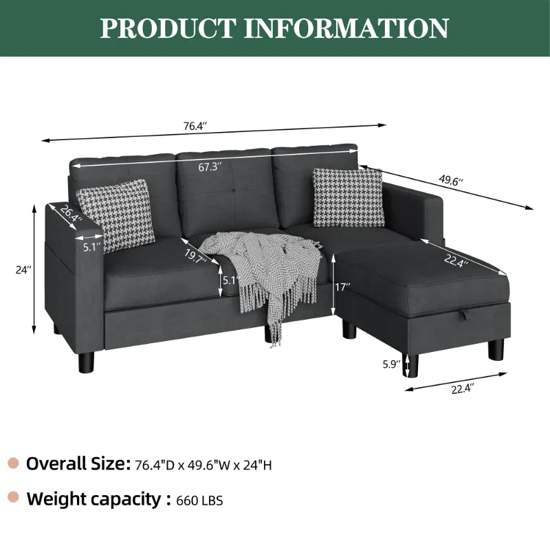 Photo 1 of ****Factory seal****
Walsunny 76.4" Convertible Sectional Sleeper Sofa Couches L Shape with Movable Storage Ottoman Chaise Recliner Side Pockets for Small Living Rooms Apartment,Black

