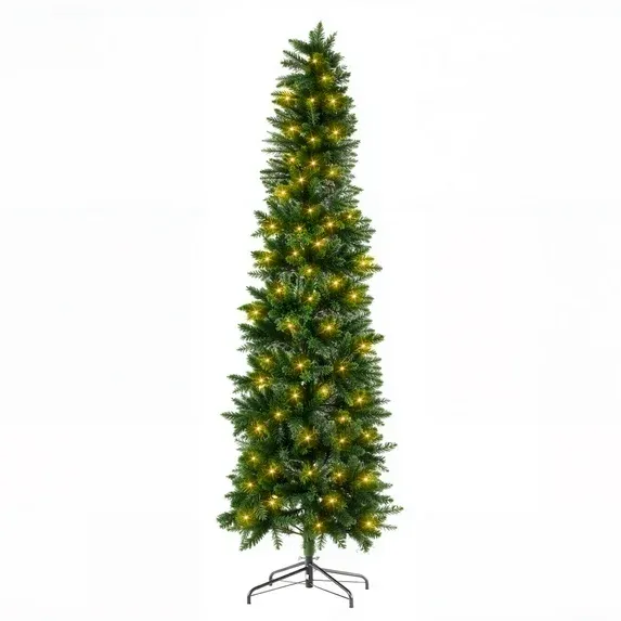 Photo 1 of *Some lights may not work properly* EDX 7.5ft Pre-lit Pencil Christmas Tree, Green Artificial Spruce Slim Christmas Trees, With 350 Incandescent Lights, 860 Branch Tips & Foldable Base, For Home, Office, Party Decoration

