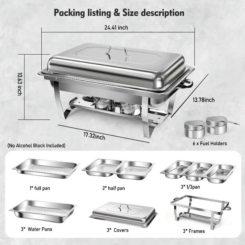 Photo 1 of *HEAVY* Chafing Dishes for Buffet ,AOKIWO 3 Packs Roll Edge Mirrored Stainless Steel Buffet Warmer for Serving Food, (1/3 Pan +1/2 Pan+1 Full Pan)
