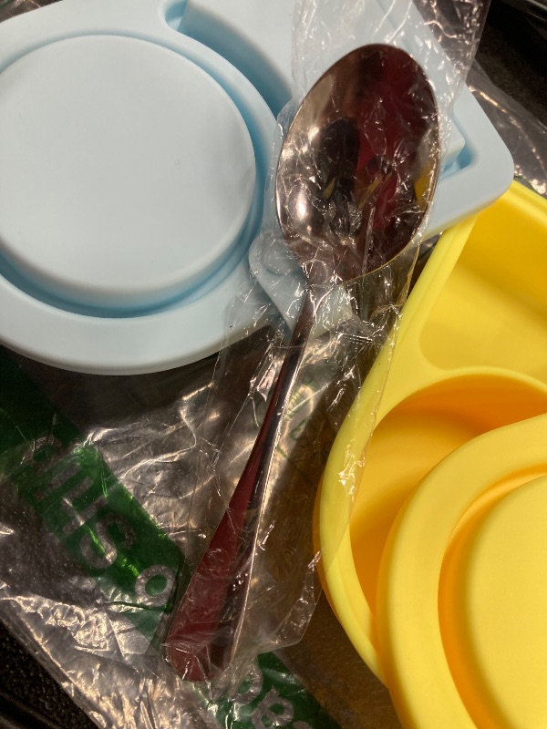 Photo 1 of ***MISSING 1 SPOON AND 1 FORK***Ebukur 3 Pack Silicone Reusable Snack Containers with Lids,Double Compartment Snack Box Container with 2 Spoons and 1 Forks, Small Mini Food Snack Boxs for Travel, Picnic, Office, School***MISSING 1 SPOON AND 1 FORK***