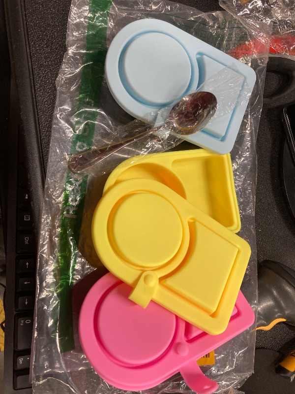 Photo 1 of ***MISSING 1 SPOON AND 1 FORK***Ebukur 3 Pack Silicone Reusable Snack Containers with Lids,Double Compartment Snack Box Container with 2 Spoons and 1 Forks, Small Mini Food Snack Boxs for Travel, Picnic, Office, School***MISSING 1 SPOON AND 1 FORK***