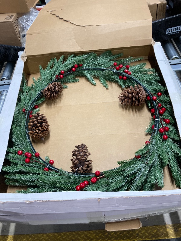 Photo 1 of ***** 2 pack***28in Snow Flocked Christmas Wreath, Pre-Lit Artificial Frosty Christmas wreath with Crestwood Spruce, Decorated with Pine Cones, Berry Clusters, Frosted Branches