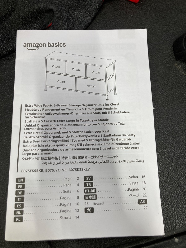 Photo 1 of 
5-Drawer Fabric Dresser Metal Frame & Wooden Top Sturdy Storage Tower Dresser Anti-Tip Design Tower Organizer with Easy-Pull Fabric Bins for Bedroom, Closet, Living Room, Entryway, Nursery(Black)