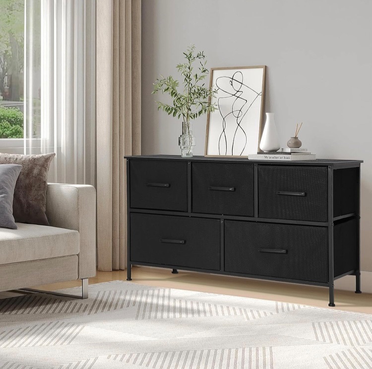 Photo 1 of 
5-Drawer Fabric Dresser Metal Frame & Wooden Top Sturdy Storage Tower Dresser Anti-Tip Design Tower Organizer with Easy-Pull Fabric Bins for Bedroom, Closet, Living Room, Entryway, Nursery(Black)