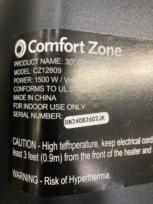 Photo 1 of ***(MISSING PART -SELLING AS IS )***Comfort Zone Oscillating Tower Space Heater for Indoor Use, 30 inch, Digital Adjustable Thermostat, Timer, LCD Display, Safety Tip Over Switch, Overheat Protection, 1500w, MT1030