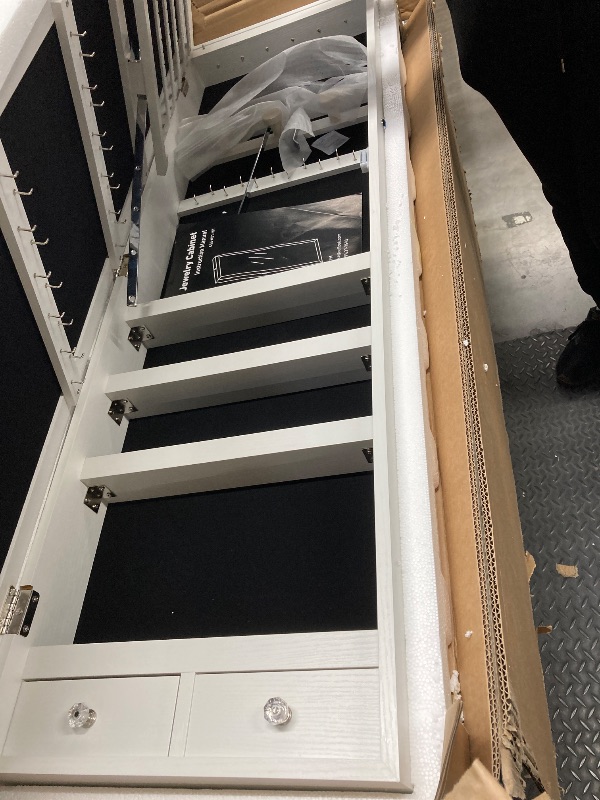 Photo 1 of ***MISSING PARTS -SELLING AS IS*** DUMOS 6 LEDs Mirror Jewelry Cabinet, Wall or Door Mounted Jewelry Organizer, 47.2-Inch Tall Lockable Large Capacity Cosmetic Storage, Gift Idea, White   ***MISSING KEYS***