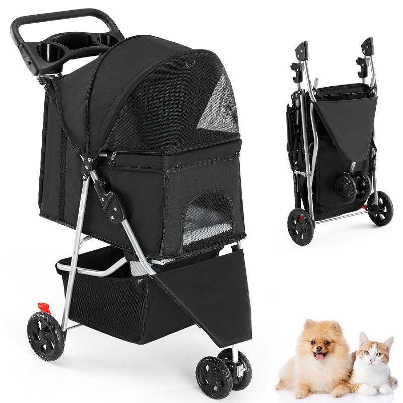 Photo 1 of 
Smug 3 Wheels Pet Stroller, Dog and Cat Strollers, Storage Basket and Cup Holder, Breathable Mesh, Lightweight Travel Carrier, Waterproof and Foldable for Small Pets Outdoor Walk, Black