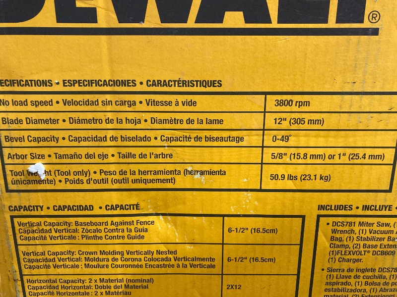 Photo 1 of **THE PHOTO AND DESCRIPTION ARE FOR REFERENCE ONLY.**DEWALT 20V MAX XR 12 inch Double Bevel Sliding Miter Saw, Cordless, Tool Only (DCS781) 60 V