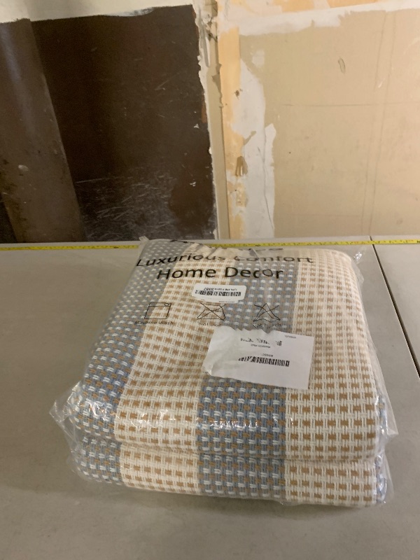 Photo 1 of OJIA Striped Outdoor Area Rug 5'x7' Outdoor Rug, Washable Patio Rug Farmhouse Cotton Woven Bedroom Rugs Indoor Outdoor Rugs Living Room Carpet for Dining Room Deck Backyard Camping (Blue/White/Tan)