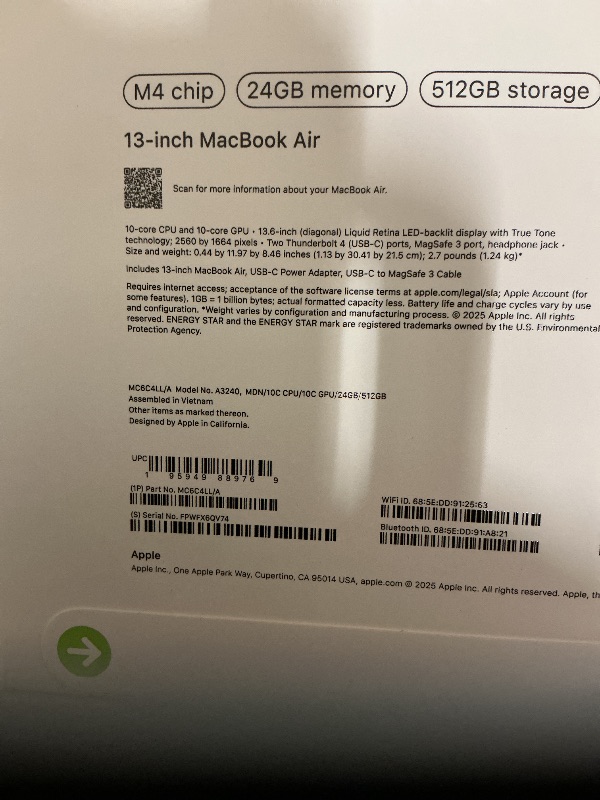 Photo 1 of Apple 2025 MacBook Air 13-inch Laptop with M4 chip: Built for Apple Intelligence, 13.6" Liquid Retina Display, 24GB Unified Memory, 512GB SSD Storage, 12MP Center Stage Camera, Touch ID, Midnight