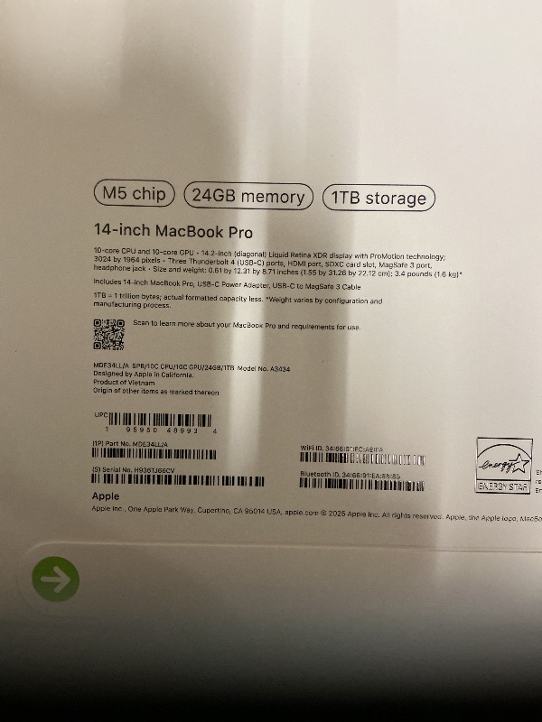 Photo 1 of Apple 2025 MacBook Pro Laptop with M5 chip with 10?core CPU and GPU: Built for Apple Intelligence, 14.2-inch Liquid Retina XDR Display, 24GB Unified Memory, 1TB SSD Storage, Space Black