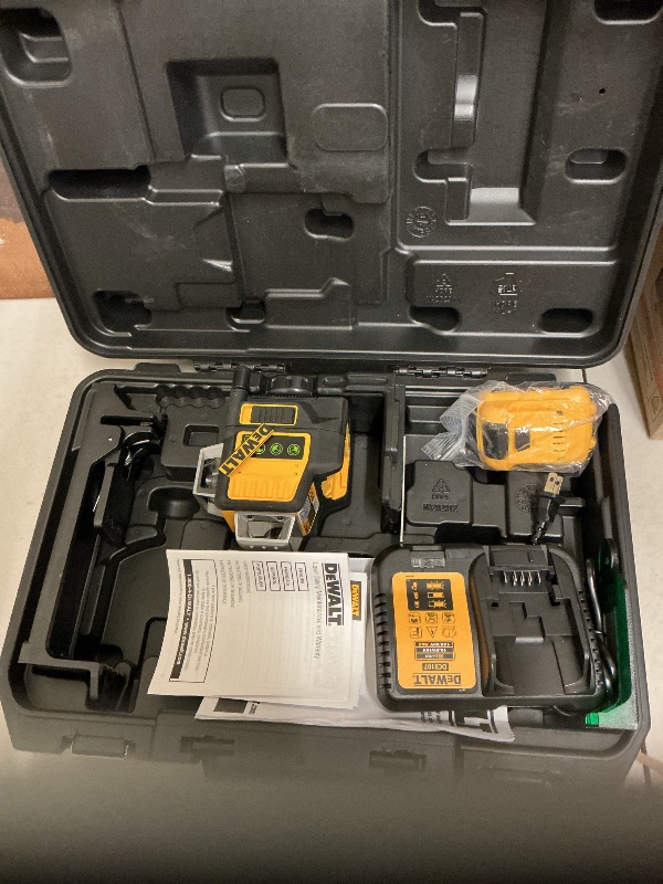 Photo 1 of DEWALT Laser Level 360 Self Leveling, 3 Way Green Laser Leveler Tool 12V MAX with 2.0Ah Battery, Charger and Durable Carrying Case, 100 Ft, Tripod Compatible (DW089LG)