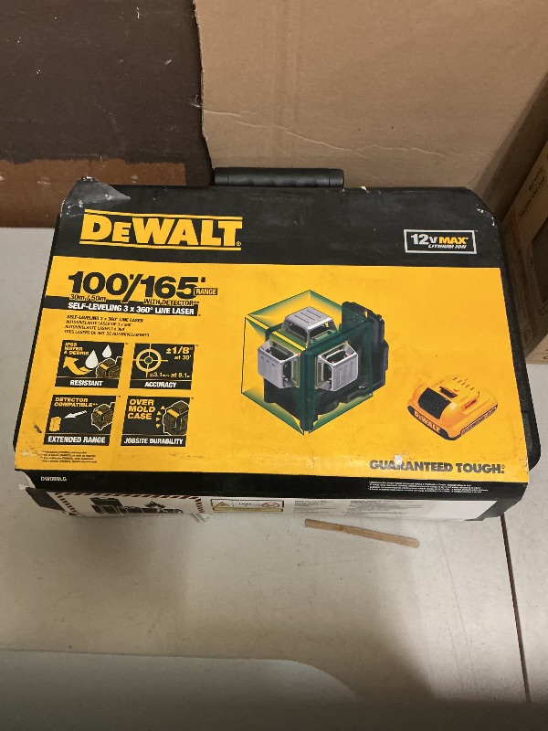 Photo 1 of DEWALT Laser Level 360 Self Leveling, 3 Way Green Laser Leveler Tool 12V MAX with 2.0Ah Battery, Charger and Durable Carrying Case, 100 Ft, Tripod Compatible (DW089LG)