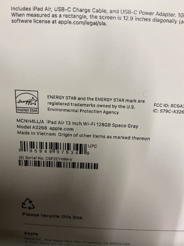 Photo 1 of Apple iPad Air 13-inch with M3 chip Built for Apple Intelligence, Liquid Retina Display, 128GB, 12MP Front/Back Camera, Wi-Fi 6E, Touch ID, All-Day Battery Life — Space Gray