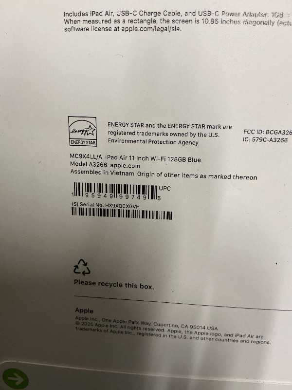 Photo 1 of Apple iPad Air 11-inch with M3 chip Built for Apple Intelligence, Liquid Retina Display, 128GB, 12MP Front/Back Camera, Wi-Fi 6E, Touch ID, All-Day Battery Life — Blue