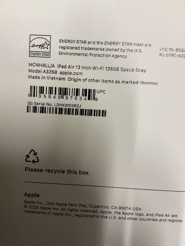 Photo 1 of Apple iPad Air 13-inch with M3 chip Built for Apple Intelligence, Liquid Retina Display, 128GB, 12MP Front/Back Camera, Wi-Fi 6E, Touch ID, All-Day Battery Life — Space Gray