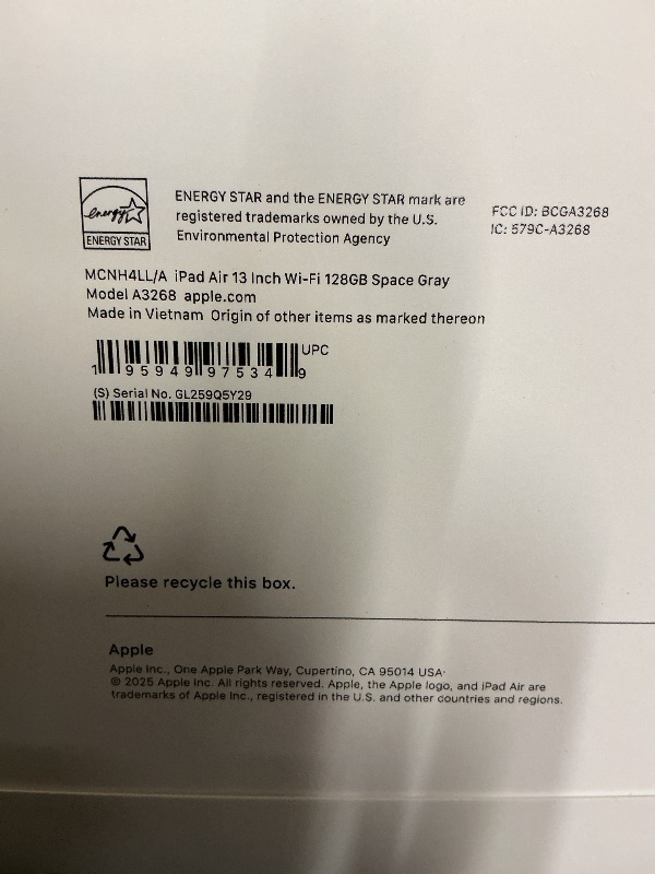 Photo 1 of Apple iPad Air 13-inch with M3 chip Built for Apple Intelligence, Liquid Retina Display, 128GB, 12MP Front/Back Camera, Wi-Fi 6E, Touch ID, All-Day Battery Life — Space Gray