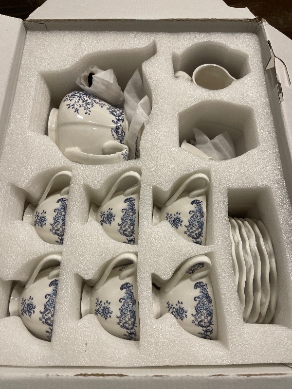 Photo 1 of Bone China Tea Set - Elegant Blue and White Tea Sets for Adults 15-Piece Vintage Floral Porcelain Tea Set for 6, Fine China Sets Perfect Tea Set for Women Tea Party for Gifts