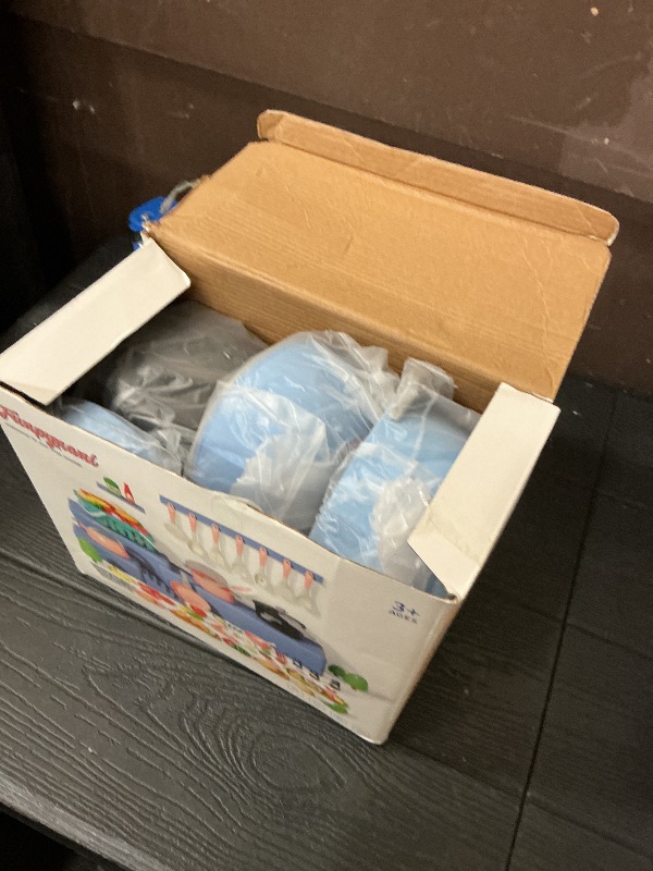 Photo 1 of 130Pcs Kitchen Playset, Toddler Pretend Cooking Play Pots, Pans, Utensils Cookware, Daily Food Fruit Veges, Shopping Storage Basket, Dessert, Prop Money, Learning Gift for Child (Blue)