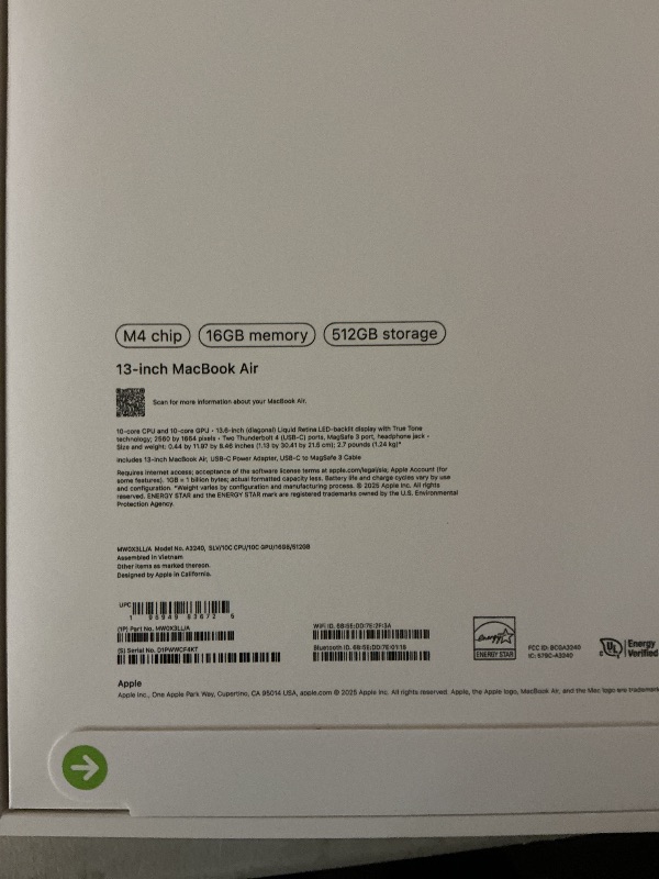 Photo 1 of Apple 2025 MacBook Air 13-inch Laptop with M4 chip: Built for Apple Intelligence, 13.6" Liquid Retina Display, 16GB Unified Memory, 512GB SSD Storage, 12MP Center Stage Camera, Touch ID, Silver