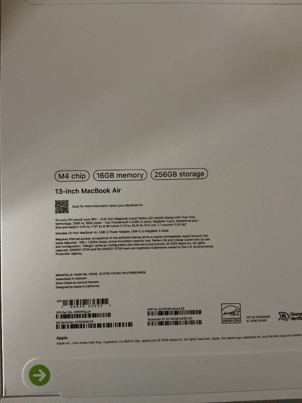 Photo 1 of Apple 2025 MacBook Air 13-inch Laptop with M4 chip: Built for Apple Intelligence, 13.6" Liquid Retina Display, 16GB Unified Memory, 256GB SSD Storage, 12MP Center Stage Camera, Touch ID, Silver