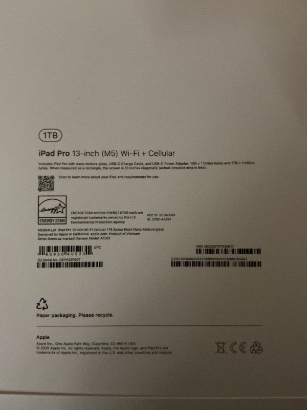 Photo 1 of Apple iPad Pro 13-inch (M5): Ultra Retina XDR Display - Nano-Texture Glass, 1TB, 12MP Front/Back Camera, LiDAR Scanner, Wi-Fi 7 with Apple N1 + 5G Cellular with C1X chip, Face ID — Space Black