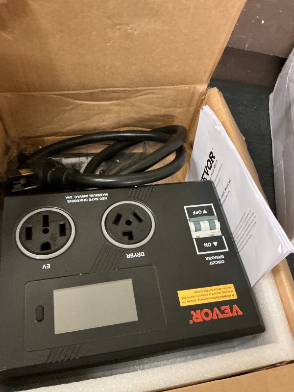 Photo 1 of VEVOR NEMA Splitter for Dryer and EV, 3-Color LED Indicator, 240V Smart Power Distribution, with NEMA 14-30 Plug, Two NEMA 14-30 Outlets, 3.4 in LCD Screen, Max 24A Dryer EV, Tested to ETL Standard