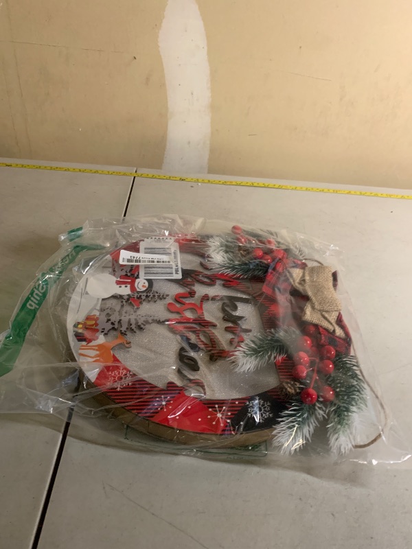 Photo 1 of [Prelit & Timer] Merry Christmas Wreaths for Front Door with Lights Buffalo Plaid Bow Berried Snowman Chrismas Welcome Wooden Wreaths Sign Xmas Decor for Winter Farmhouse Home Door Window Wall Porch