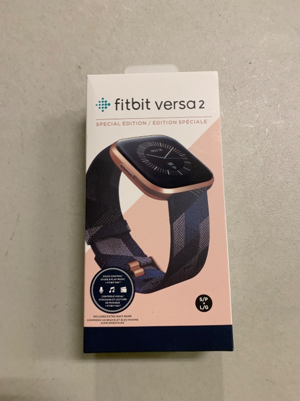 Photo 1 of Fitbit Versa 2 Special Edition Health and Fitness Smart Watch with Heart Rate, Music, Alexa Built-In, Sleep and Swim Tracking, Navy and Pink Woven/Copper Rose, One Size (S and L Bands Included), 2.3